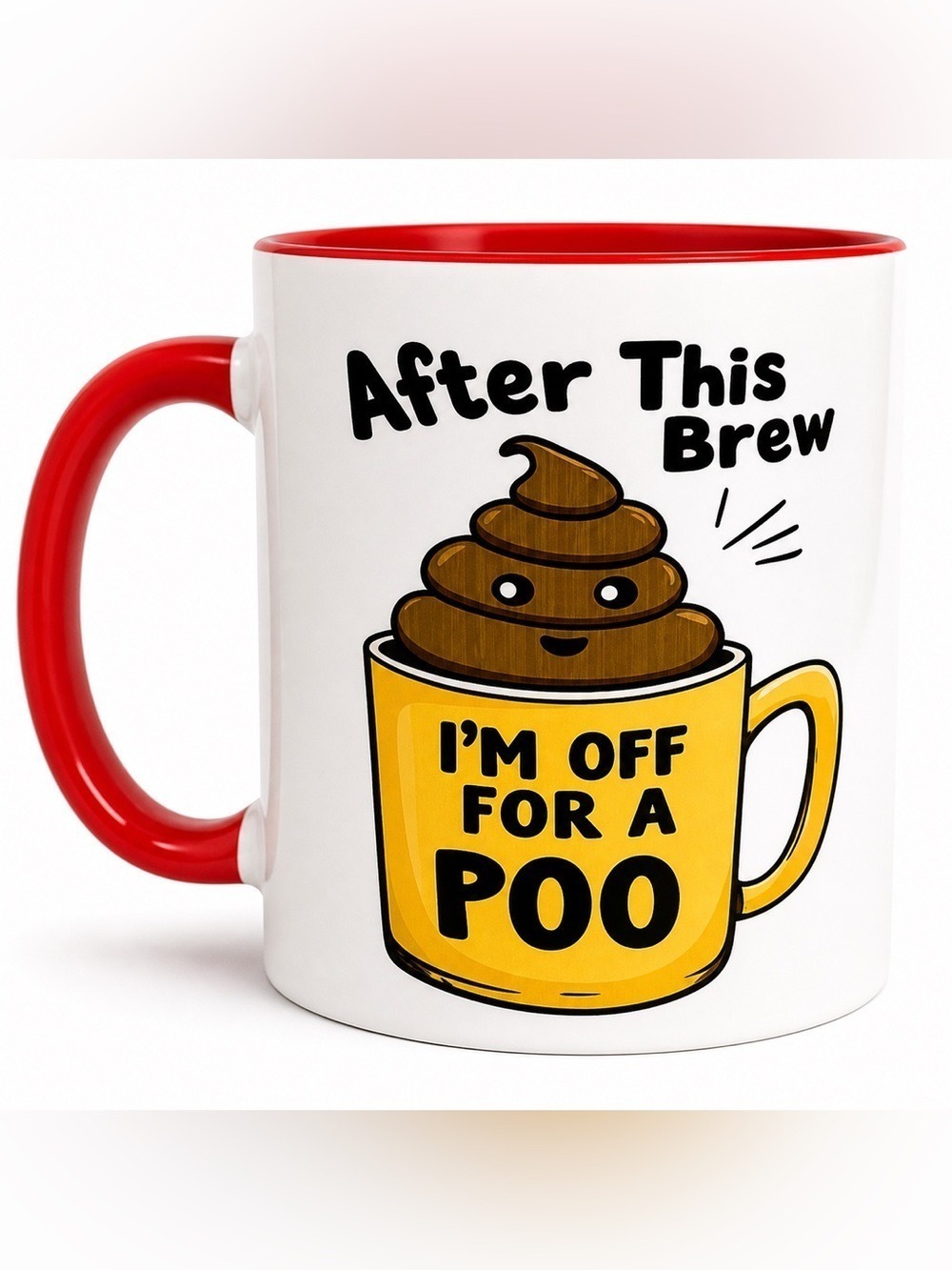 Humorous Yellow Coffee Mug with Red Handle